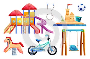 Set of kids playground equipment with slide, swing, sandbox, bicycle and toys