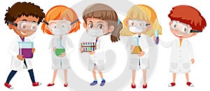 Set of kids in scientist costume holding science objects isolated on white background
