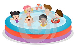 Set of Kids in a Swimming Pool, children for summer season. kids playing on the beach and swimming in the pool