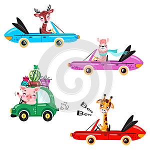 Set of kids transport with llama, giraffe, deer, watermelon and gifts.