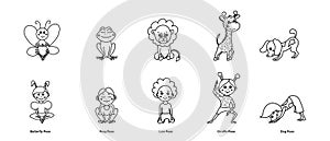 Set of kids yoga animal poses. Butterfly, frog