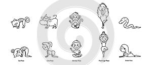 Set of kids yoga animal poses. Cat, cow, monkey