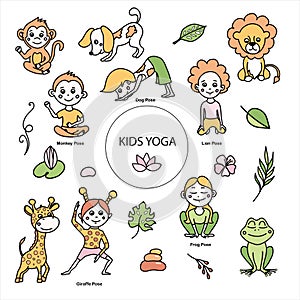 Set of kids yoga animal poses. Monkey, frog, lion, giraffe, dog asanas. Vector cartoon illustration in doodle style.