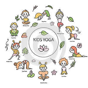 Set of kids yoga animal poses and tropical leaves, flowers, branches. Vector cartoon illustration in doodle style.