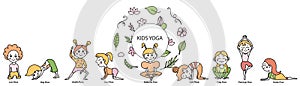 Set of kids yoga animal poses and tropical leaves, flowers, branches. Vector cartoon illustration in doodle style.