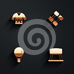 Set Kimono, Dumbbell, Golf ball tee and Pommel horse icon with long shadow. Vector