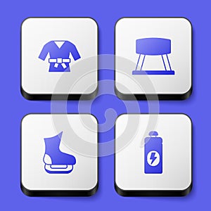 Set Kimono, Pommel horse, Skates and Fitness shaker icon. White square button. Vector