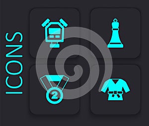 Set Kimono, Stopwatch, Chess and Medal icon. Black square button. Vector