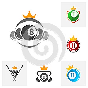 Set of King Billiards logo design vector. Sport labels for poolroom. Billiards club logo template