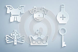 Set King crown, Bottle with potion, Christian cross, Old key, Medieval shield axe and Body armor icon. Vector