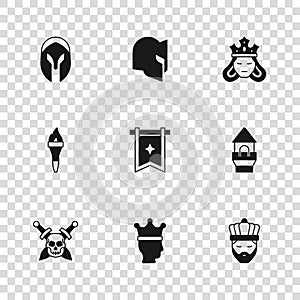 Set King crown, Castle tower, with, Medieval flag, Princess or queen, helmet, and Torch flame icon. Vector