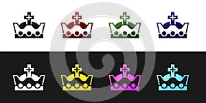 Set King crown icon isolated on black and white background. Vector