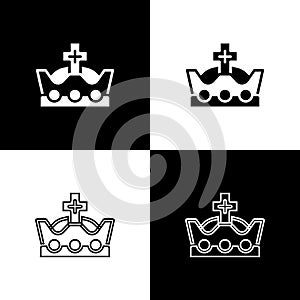 Set King crown icon isolated on black and white background. Vector