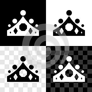 Set King crown icon isolated on black and white, transparent background. Vector