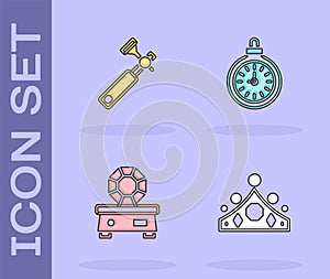 Set King crown, Jewelers lupe, Gem stone and Pocket watch icon. Vector