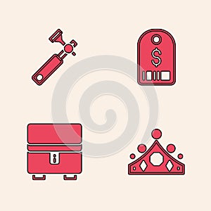 Set King crown, Jewelers lupe, Price tag with dollar and Jewelry box icon. Vector