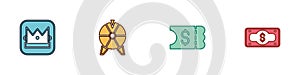 Set King playing card, Lucky wheel, Lottery ticket and Stacks paper money cash icon. Vector