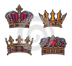 Set of king`s crown, hand drawn line with digital color, vector illustration