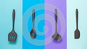 A set of kitchen accessories in multi-colored blue tones.