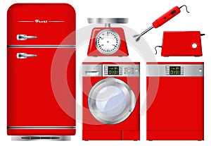 Set of kitchen appliances in red. Realistic vector.