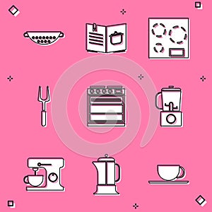 Set Kitchen colander, Cookbook, Electric stove, Barbecue fork, Oven, Blender, mixer and French press icon. Vector