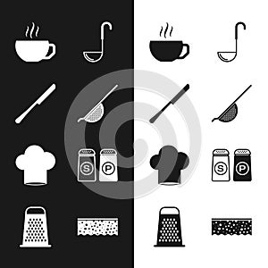 Set Kitchen colander, Knife, Coffee cup, ladle, Chef hat, Salt pepper, Sponge with bubbles and Grater icon. Vector