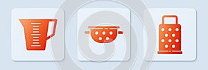Set Kitchen colander, Measuring cup and Grater. White square button. Vector