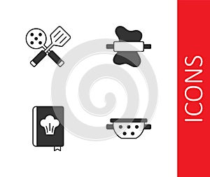 Set Kitchen colander, Spatula, Cookbook and Rolling pin on dough icon. Vector
