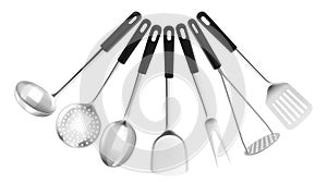 Set of kitchen cooking utensils such as soup ladles and slotted spoons, kitchen Spatula, Potato Masher, Skimmer Spoon, meat fork,