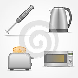 Set of kitchen electric appliances isolated on white background.