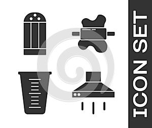 Set Kitchen extractor fan, Salt, Measuring cup and Rolling pin on dough icon. Vector