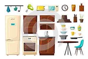 Set of kitchen interior with furniture and tools. Cartoon vector illustration