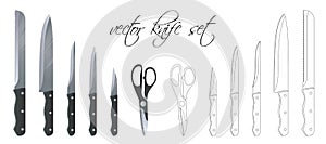 Set of kitchen knife, scissors and cutter. Linear set. Vector illustration. Scalable and editable colour
