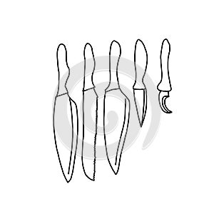Set of kitchen knives in Doodle style on a white background.