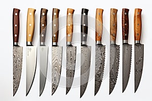 Set of kitchen knives isolated on a white background. Top view. Chef Knives in a white background, AI Generated