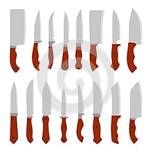 Set of kitchen knives. Knife with wooden handle flat design. Kitchen concept icons. Vector illustration