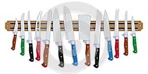 Set of Kitchen Knives on a Magnet. Chef Knife. Kitchenware Knives of Different Sizes.