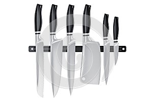 Set of kitchen knives on magnetic holder, 3D rendering