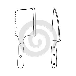 A set of kitchen knives.The versatile chef s knife and an axe.Kitchen tools drawn in the Doodle style.Black and white image.