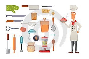 Set kitchen shelves and cooking utensils vector. Chef character concept cartool illustration.