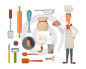 Set kitchen shelves and cooking utensils vector. Chef character concept cartool illustration.