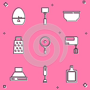 Set Kitchen timer, hammer, Bowl, Grater, Frying pan, Electric mixer, extractor fan and Blender icon. Vector