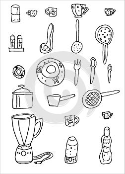 Set of kitchen tools, cooking utensils, kitchenware. Doodle style. Vector stock illustration.