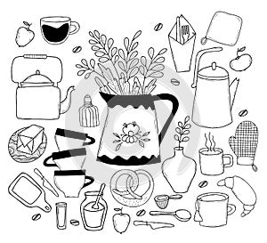 Set of kitchen tools doodles. kitchen tools for cooking - knife and kitchen board, dishes - teapots and cups, food -