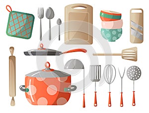 Set of kitchen tools, kitchenware and kitchen appliances. Dishes cups, teapots, grater, knives, spoons, pots, pans and others