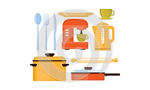 Flat vector set of kitchen utensils and appliances. Cutlery, cup and plate, coffee machine and kettle. Kitchenware theme