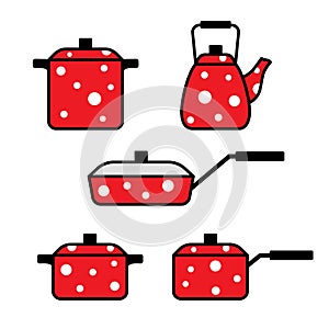 Set of kitchen utensils, frying pan, pots, kettle, vector illustration