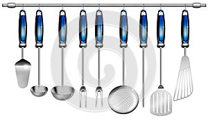 Set of Kitchen Utensils Hanging on a Pole and Isolated on White Background