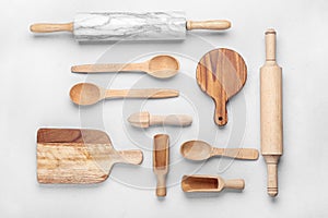 Set of kitchen utensils on light background