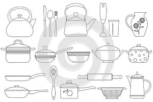 Set of kitchen utensils pots, pans, and cutlery. Vector linear image